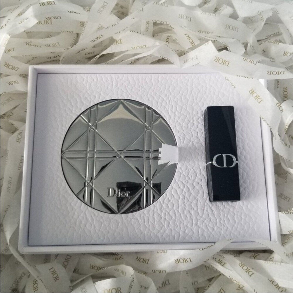 Dior Silver Compact Mirror and red Lipstick Gift Set